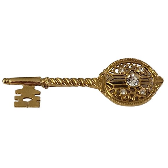 1928 Brand Gold Tone Clear Rhinestone Skeleton Key Brooch Pin K541 - Picture 2 of 10
